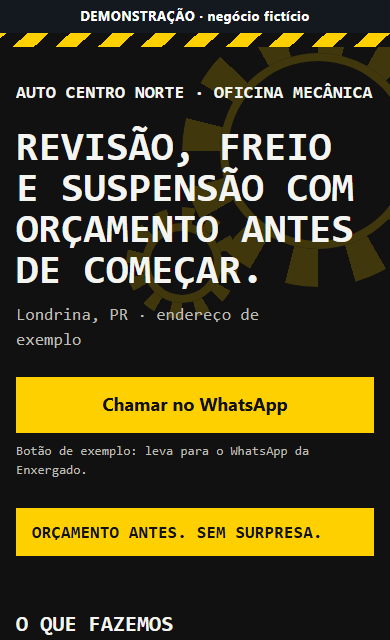 Página da oficina fictícia com serviços e contato
